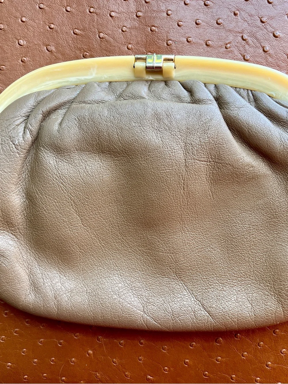 MCM Ruth Saltz Ivory Lucite Handle And Taupe  Leather Clutch Purse Hand Bag